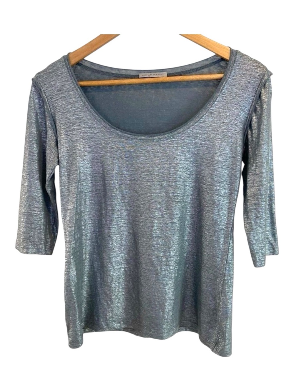 Sarah Pacini designer silver shirt round neck metallic lightweight jersey medium